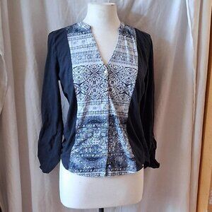 Lucky Brand Shirt Womens Medium Black White Geometric Long Sleeve Button Up med